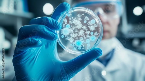 Obraz na płótnie A doctor holds and examines a petri dish with a bacterial culture. A petri dish full of microbes and microorganisms w salonie