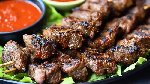 Grilled beef skewers with red sauce. photo