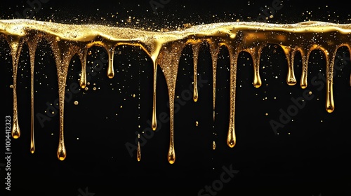 Fototapeta Naklejka Na Ścianę i Meble -  Top border of glittering shiny metallic gold paint flowing and dripping downward. Isolated on black