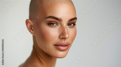 Beautiful bald woman model wearing strapless isolated on white background, close up