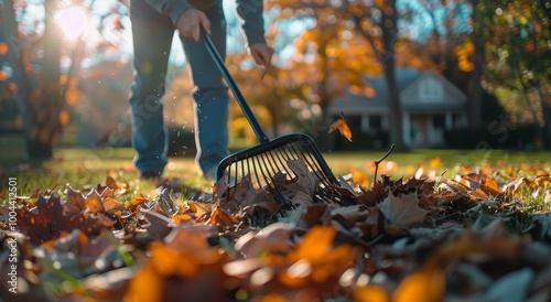 Person Raking Fallen Leaves in Autumn