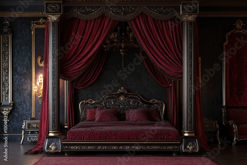 luxury classic royal camel bedroom with dark red elegant traditional royal wooden bed with canopy royal beds, vintage wall mirror 