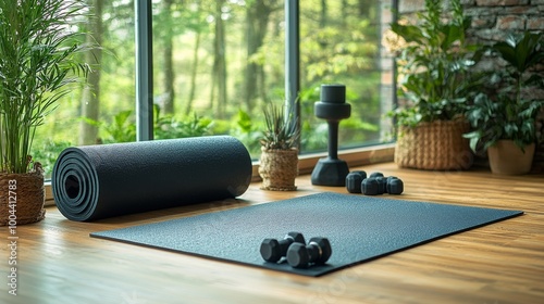 Yoga mat and dumbbells in a stylish home workout space with plants and natura...