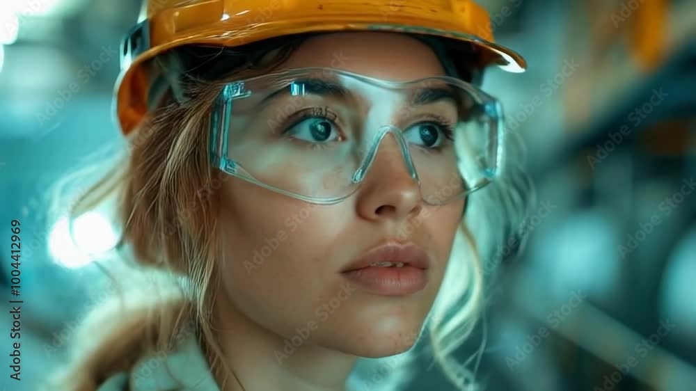 A young female worker wearing protective glasses and an orange helmet on her head. A young female worker wearing protective glasses and an orange helmet on her head.
