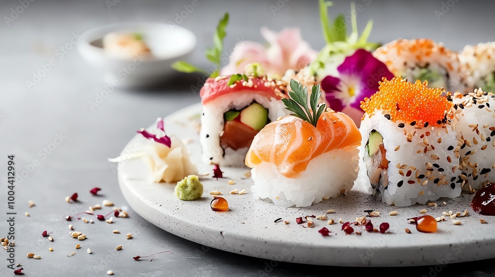 Abstract arrangement of sushi rolls with vibrant colors and delicate garnishes, sushi rolls, modern culinary art Abstract arrangement of sushi rolls with vibrant colors and delicate garnishes, sushi rolls, modern culinary art