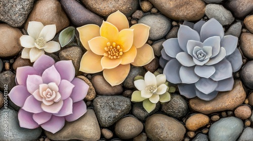 Colorful succulents on a bed of rocks.