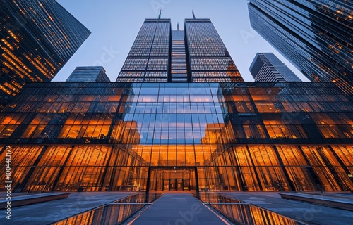 Sunset reflection on modern skyscrapers in an urban setting