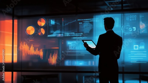 A business executive presenting quarterly reports to the board, graphs and data visible on a digital projector