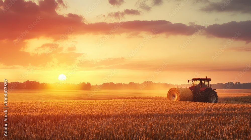 Fototapeta premium Tractor baling wheat field at sunset 