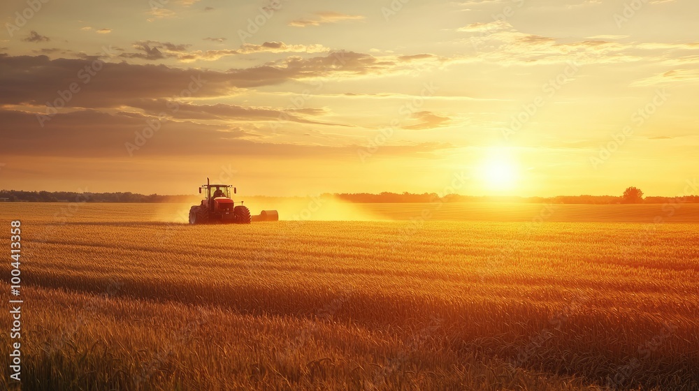 Fototapeta premium Tractor baling wheat field at sunset 