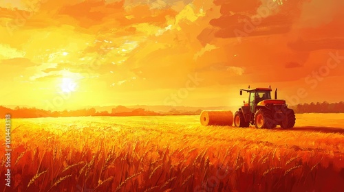 Tractor baling wheat field at sunset 