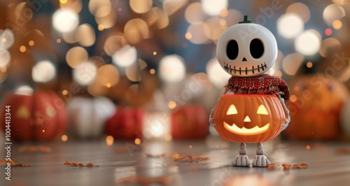 Halloween Decor With Skeleton and Pumpkin on a Festive Background