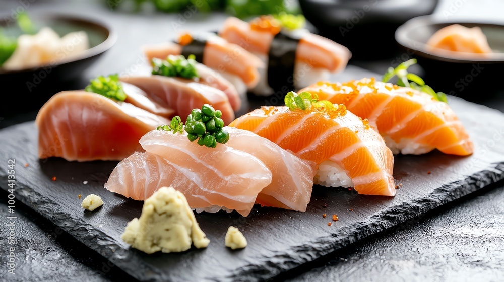 Closeup of glossy sashimi slices arranged artistically on slate, sashimi, Japanese culinary art Closeup of glossy sashimi slices arranged artistically on slate, sashimi, Japanese culinary art