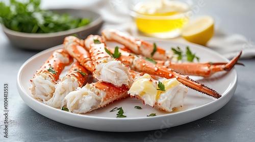 Closeup of vibrant king crab legs on a white plate with drawn butter, king crab legs, luxury seafood