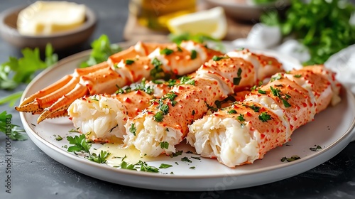 Closeup of vibrant king crab legs on a white plate with drawn butter, king crab legs, luxury seafood
