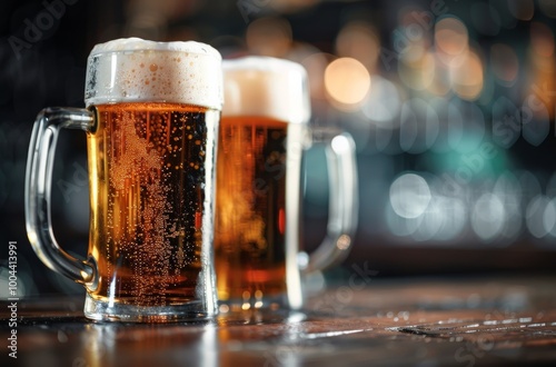Refreshing Glasses of Cold Beer on Wooden Bar During Evening Gathering