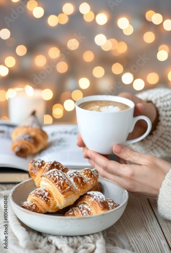 Warm Croissants and Coffee on a Cozy Table With Soft Bokeh Lights