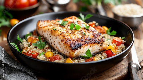 Elegant blackened swordfish steak on a bed of quinoa and roasted vegetables, blackened swordfish, healthy seafood meal