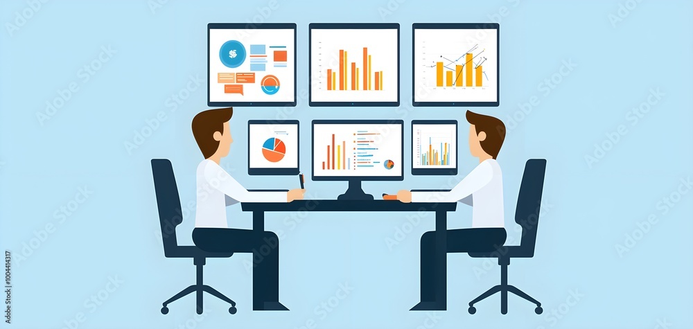 A business consultant conducting a virtual meeting with clients, using multiple monitors displaying graphs and strategy outlines A business consultant conducting a virtual meeting with clients, using multiple monitors displaying graphs and strategy outlines