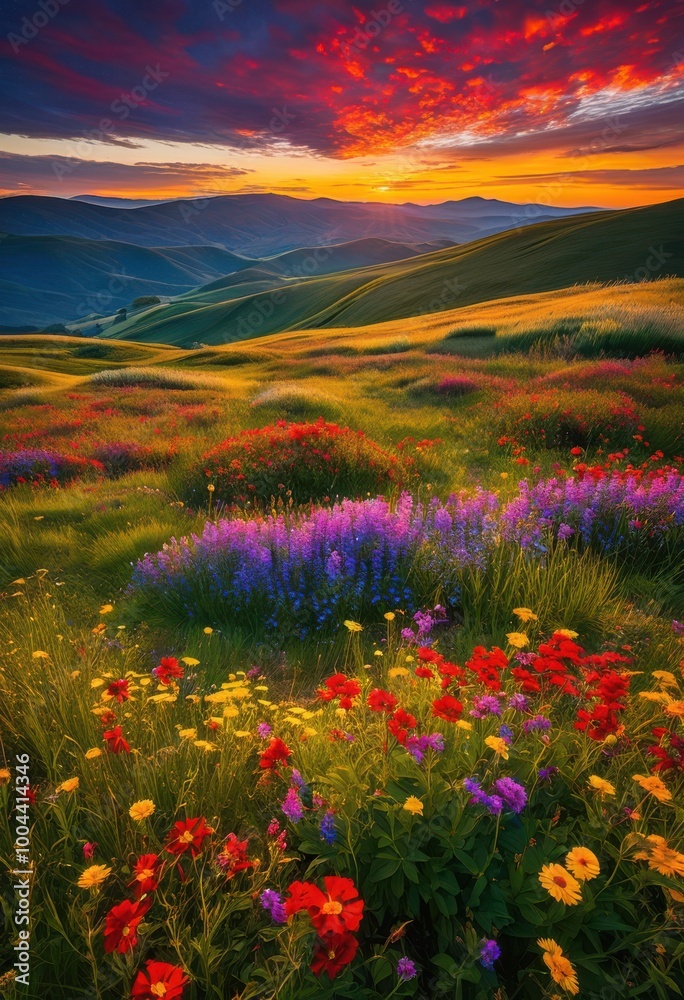 Fototapeta premium vibrant sunrise over rolling hills lush fields filled colorful wildflowers beneath bright blue sky, colors, landscape, nature, green, light, horizon, scenery