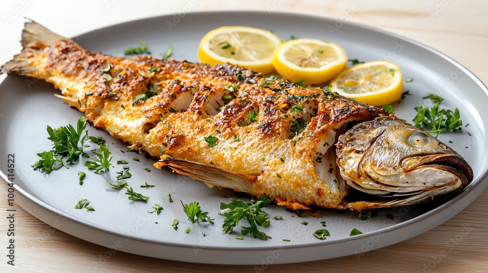 Golden baked whole fish with crispy herbs and lemon slices, served on a large platter, whole baked fish, Mediterranean cuisine Golden baked whole fish with crispy herbs and lemon slices, served on a large platter, whole baked fish, Mediterranean cuisine
