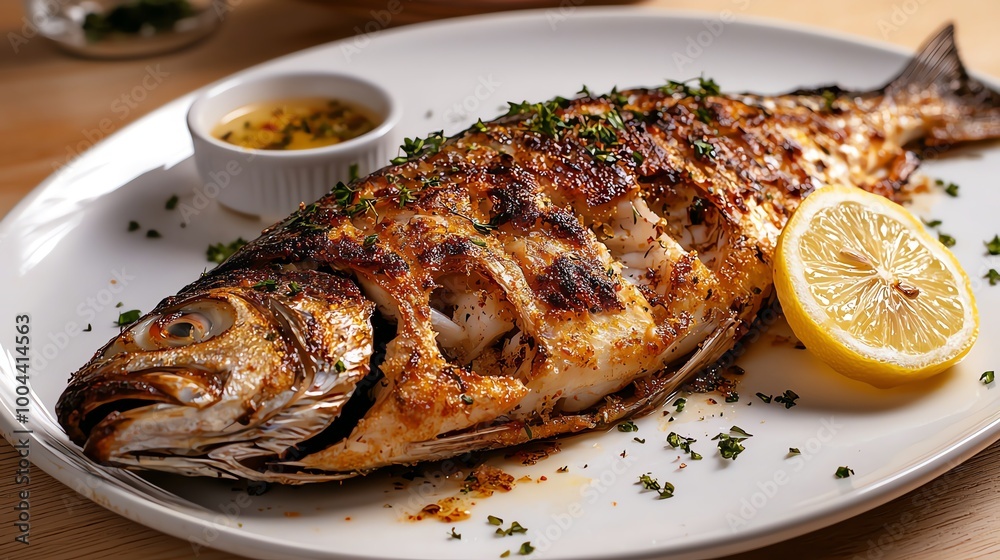 Golden baked whole fish with crispy herbs and lemon slices, served on a large platter, whole baked fish, Mediterranean cuisine Golden baked whole fish with crispy herbs and lemon slices, served on a large platter, whole baked fish, Mediterranean cuisine