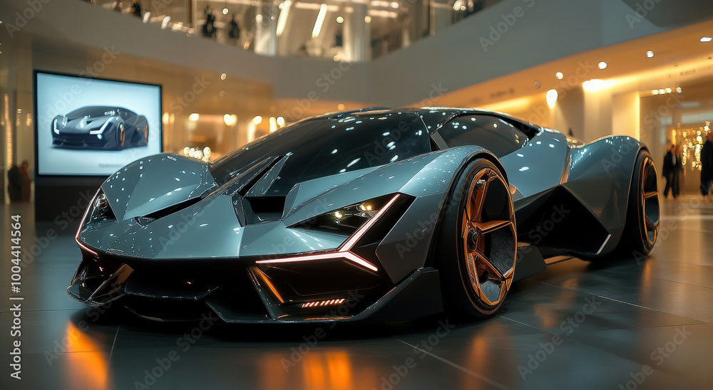 Front view of a new luxury sports car showcased in a modern exhibition hall Front view of a new luxury sports car showcased in a modern exhibition hall