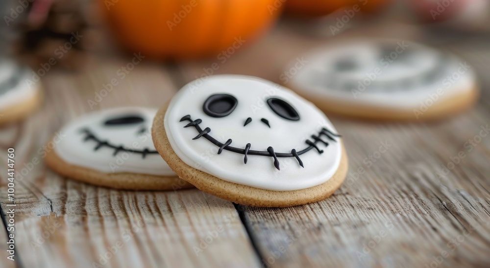 Halloween Pumpkin Cookie Decorated With Black Eyes and Stitching on Rustic Wooden Background Halloween Pumpkin Cookie Decorated With Black Eyes and Stitching on Rustic Wooden Background
