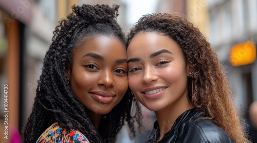 Two friends smiling together on a bustling city street in daylight