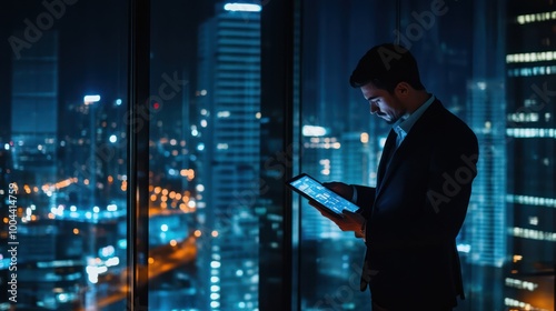 Wallpaper Mural A business executive using a tablet to check global financial data, sleek modern office with city views Torontodigital.ca