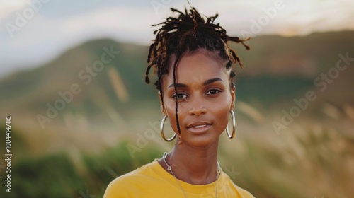 Smiling Woman With Curly Hair in Yellow Top Against Vibrant Yellow Background