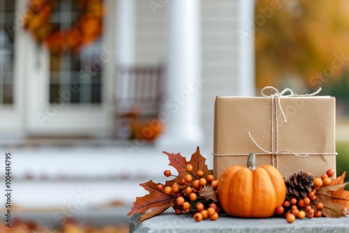 Autumn Gift Box Decorated With Pumpkin and Leaves on Porch Steps