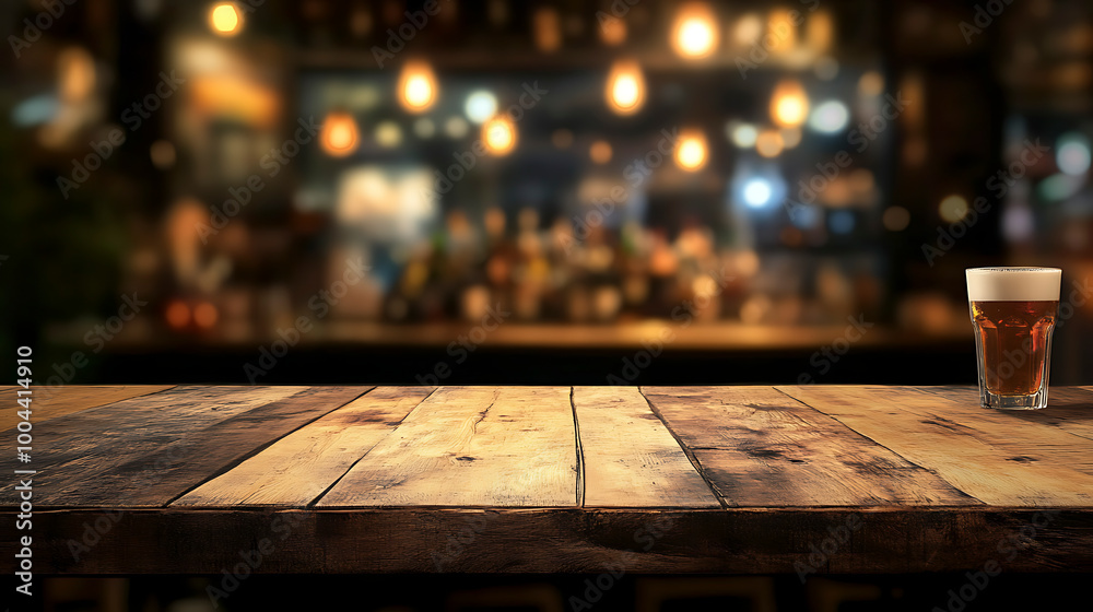 Rustic Charm. Wood Bar Table in Night Cafe Vibes Rustic Charm. Wood Bar Table in Night Cafe Vibes