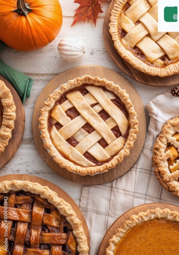 Autumn dessert display featuring various homemade pies and seasonal decorations