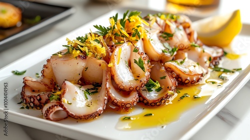 Octopus carpaccio thinly sliced on a white plate with lemon zest and olive oil, octopus carpaccio, modern seafood dish