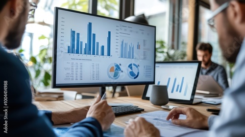 A business leader explaining new growth strategies during a meeting, digital screen displaying key financial data