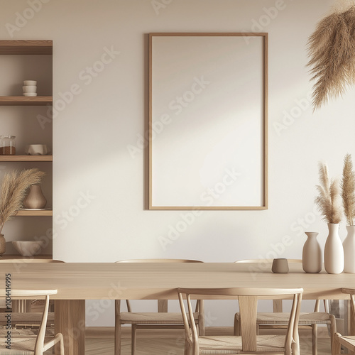 Empty frame mockup on the white wall, above wooden table. AI generation.