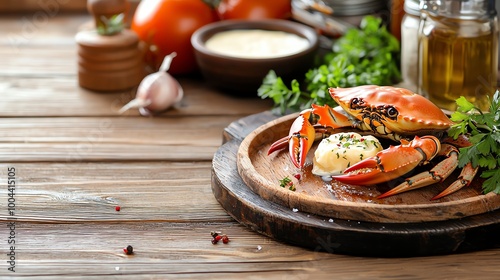 Rustic wooden table with freshly caught crab, melted butter, and herbs, fresh crab, seatotable experience photo