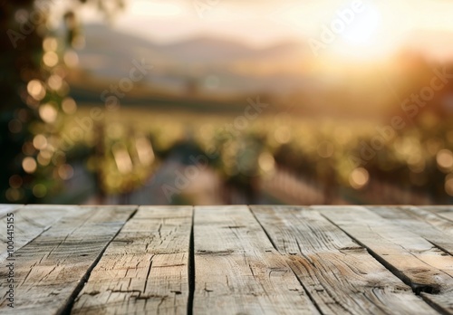Sunset Over Vineyard Rows With Grapes and Wooden Table in Foreground