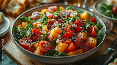 une photographie d'un repas de famille vu de haut ou l'on voit une table remplis de nourriture avec des graines de chia, il faut sue ce soit chic et lumineux