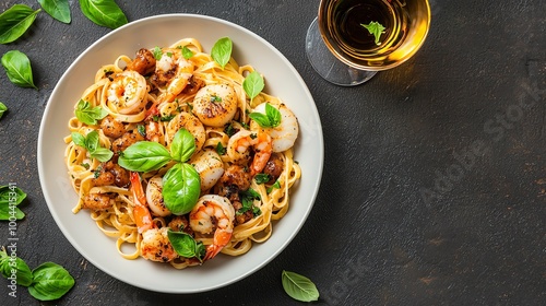 Topdown view of fresh seafood pasta with shrimp and scallops in a garlic sauce, seafood pasta, Italian cuisine photo