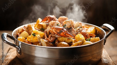 Vibrant seafood boil with crab legs, corn, and potatoes spilling from a steaming pot, seafood boil, southern cuisine