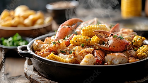 Vibrant seafood boil with crab legs, corn, and potatoes spilling from a steaming pot, seafood boil, southern cuisine