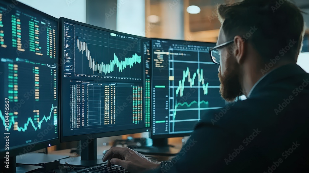 Professional Reviewing Stock Market Data on Multiple Screens Professional Reviewing Stock Market Data on Multiple Screens