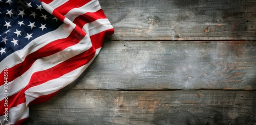 American Flag Draped Over Rustic Wooden Surface