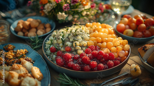 une photographie d'un repas de famille vu de haut ou l'on voit une table remplis de nourriture avec des graines de chia, il faut sue ce soit chic et lumineux photo