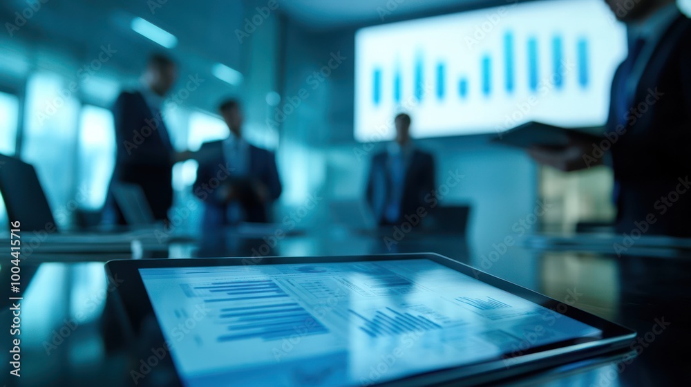 A business meeting in a high-tech conference room, participants reviewing financial reports on digital tablets and screens A business meeting in a high-tech conference room, participants reviewing financial reports on digital tablets and screens