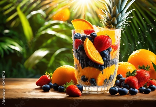 dynamic colorful juice splash featuring lively fruit elements like pineapple frosted glass surrounded tropical leaves, orange, berry, lemon, lime, kiwi photo