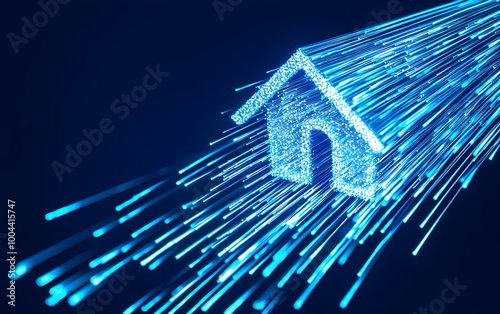 Blue fiber optic cables converging into a house symbol, glowing light particles, concept of home internet connectivity and fast data transfer, futuristic tech photo