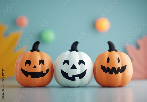 Three Pumpkins With Jack-O'-Lantern Faces on a Mint Green Background